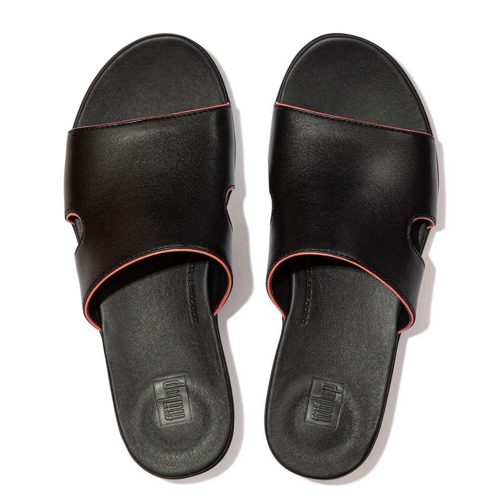 Fitflop Womens Slides - H-bar Pop-binding Leather - Black - 354-KCZQFN